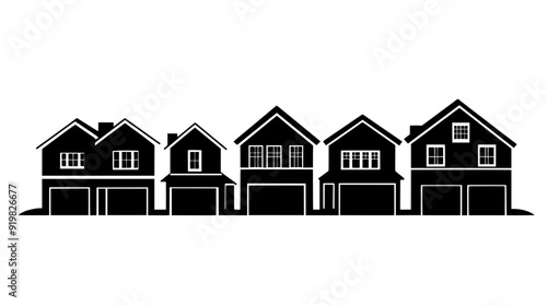 Row of suburban houses with garages, each separated by driveways and small front yards, vector illustration art