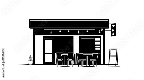 Restaurant building with an outdoor seating area and prominent signage space, vector illustration art