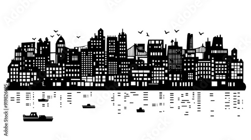 Riverside city with buildings densely packed along the waterfront and bridges crossing the water, vector illustration art
