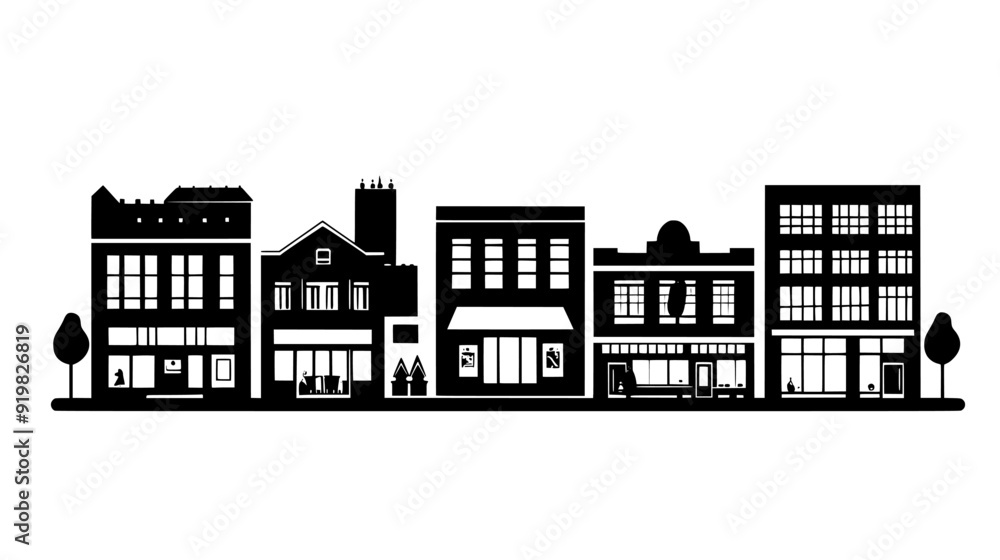 Mixed-use buildings with storefronts on the ground level along a street, vector illustration art Mixed-use buildings with storefronts on the ground level along a street, vector illustration art