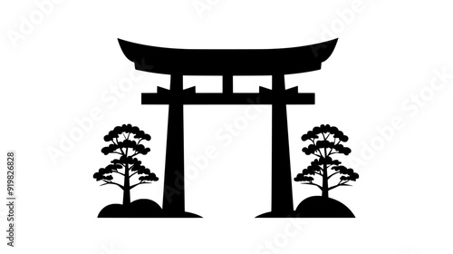 Shinto shrine with torii gate and thatched roof, vector illustration art