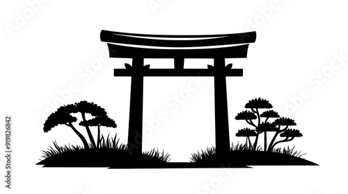 Shinto shrine with torii gate and thatched roof, vector illustration art