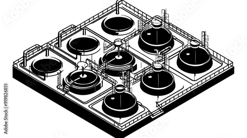 Water treatment tanks arranged in a grid with pipes and walkways, vector illustration art