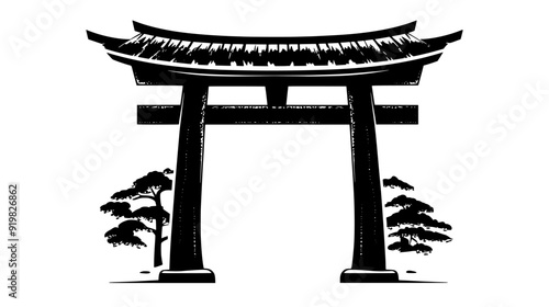Shinto shrine with torii gate and thatched roof, vector illustration art