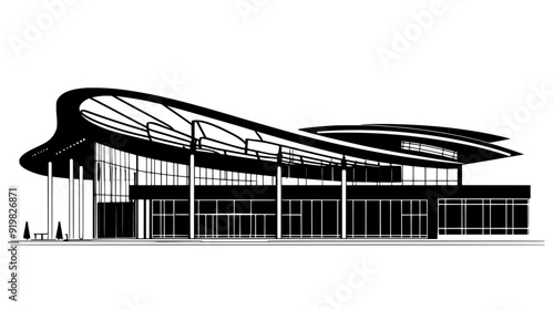 Shopping center with undulating roof, slender columns, and open-air atrium, vector illustration art