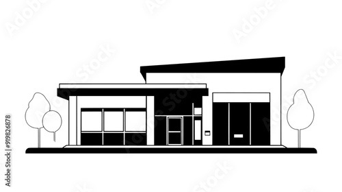 Single-story commercial building with a flat roof, signage space, and entrance, vector illustration art
