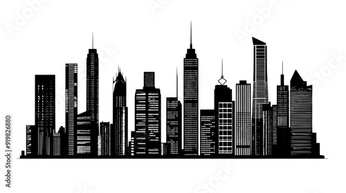 Skyline dominated by multiple skyscrapers of differing architectural styles, vector illustration art