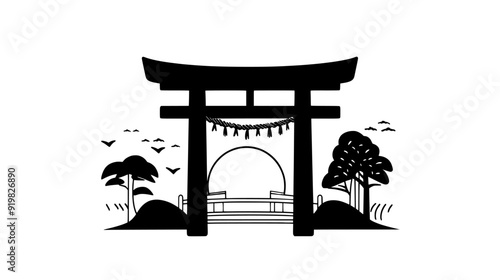 Shinto shrine with torii gate and thatched roof, vector illustration art