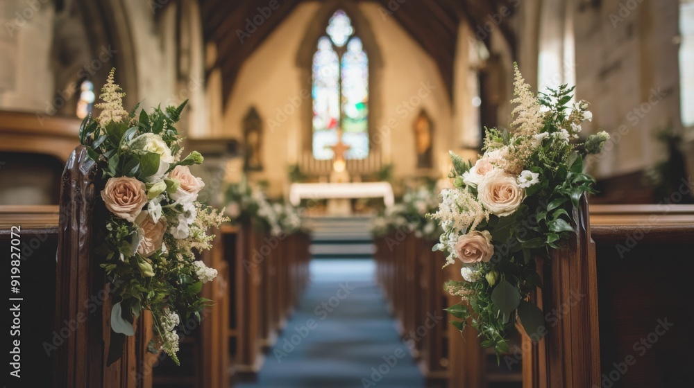 Fototapeta premium Beautiful floral decorations enhance the church aisle, creating a romantic atmosphere for a wedding ceremony.