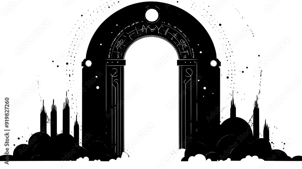 Towering gateway with mystic runes and an ethereal glow emanating from the archway, vector illustration art Towering gateway with mystic runes and an ethereal glow emanating from the archway, vector illustration art