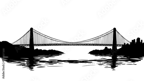 Suspension bridge spanning a wide river, connecting two urban areas, vector illustration art