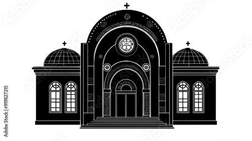 Synagogue with a large, arched entrance and symbolic iconography, vector illustration art