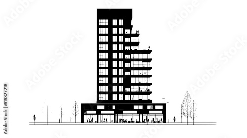 Tall building with retail spaces below and residential units above, vector illustration art