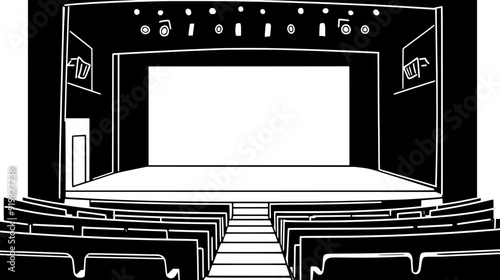 Theater with stage, auditorium seating, and backstage areas for performers and crew, vector illustration art