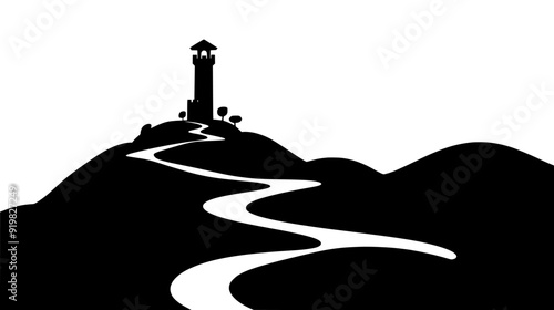 Tower on a mountain with winding pathways and bridges, vector illustration art