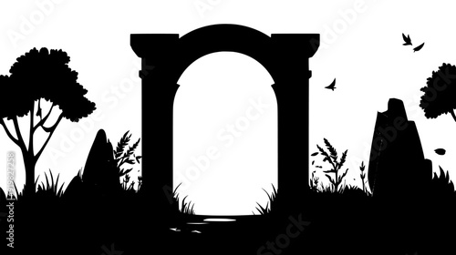 Towering gateway with mystic runes and an ethereal glow emanating from the archway, vector illustration art