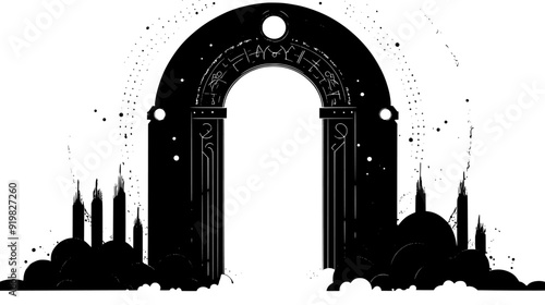 Towering gateway with mystic runes and an ethereal glow emanating from the archway, vector illustration art