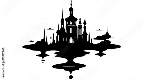 Towering spire with an ornate finial, surrounded by floating islands, vector illustration art