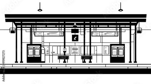 Train station with platforms, ticket booths, and a central concourse for passengers, vector illustration art