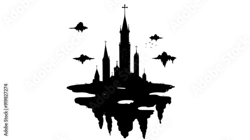 Towering spire with an ornate finial, surrounded by floating islands, vector illustration art