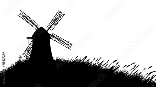 Traditional windmill situated on a grassy hill, with open skies and minimal structures nearby, vector illustration art
