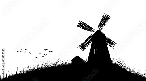 Traditional windmill situated on a grassy hill, with open skies and minimal structures nearby, vector illustration art