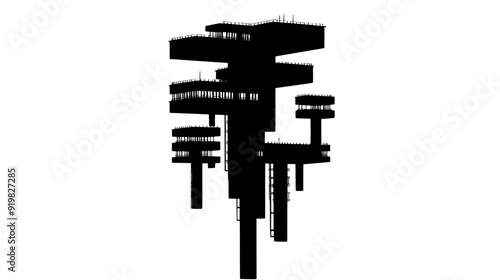 Vertical, column-like building with multiple protruding platforms, suspended high above the ground, vector illustration art