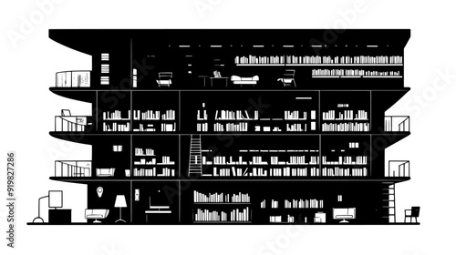 Vertical slice of a library, highlighting reading areas, bookshelves, and a central atrium, vector illustration art