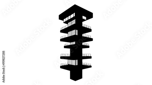 Vertical, column-like building with multiple protruding platforms, suspended high above the ground, vector illustration art
