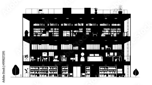 Vertical slice of a library, highlighting reading areas, bookshelves, and a central atrium, vector illustration art