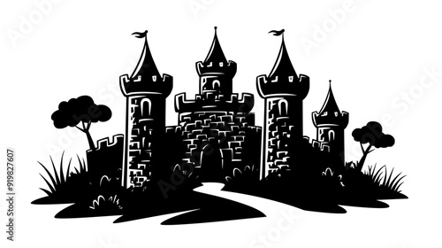 Ancient stone castle with crenellated walls and turrets, surrounded by a dry moat and forest, vector illustration art photo