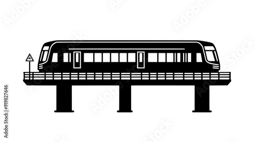 An elevated monorail station with platform, overhead track, protective railing, and directional signage, vector illustration art