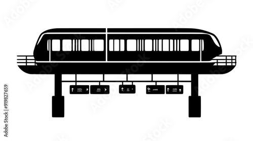 An elevated monorail station with platform, overhead track, protective railing, and directional signage, vector illustration art