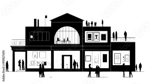 Art gallery complex with display rooms and a prominent main entrance, vector illustration art