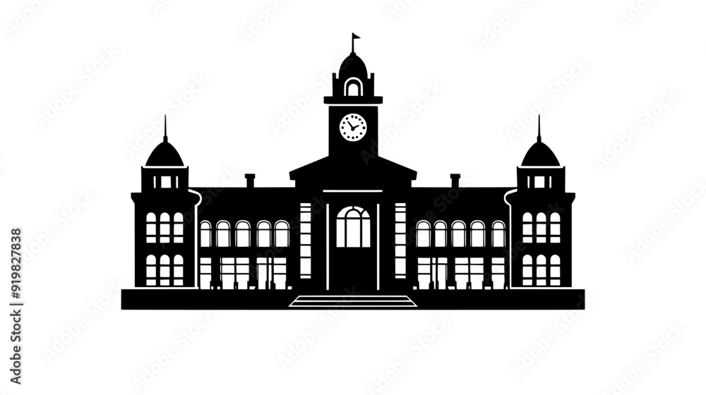 Fototapeta premium An old city hall with a clock tower and a grand staircase, vector illustration art