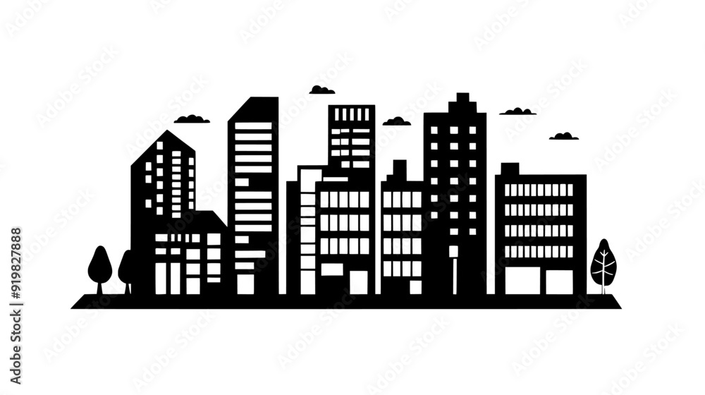 Fototapeta premium Urban complex with shops, offices, and residential areas, vector illustration art
