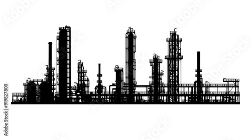 An oil refinery complex featuring numerous towers, pipes, and tanks interconnected by metal walkways, vector illustration art