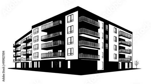 L-shaped apartment building with a courtyard and a series of balconies, vector illustration art