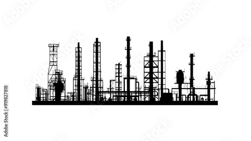 An oil refinery complex featuring numerous towers, pipes, and tanks interconnected by metal walkways, vector illustration art
