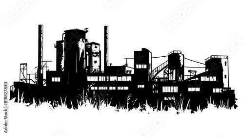Old industrial complex with rusting machinery, broken windows, and collapsed roofs, vector illustration art