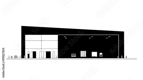 Industrial warehouse with a large, open floor plan and loading docks, vector illustration art