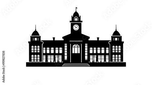 An old city hall with a clock tower and a grand staircase, vector illustration art