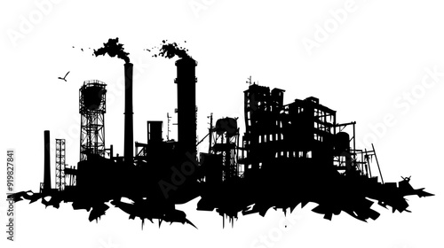 Old industrial complex with rusting machinery, broken windows, and collapsed roofs, vector illustration art