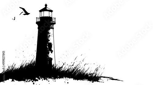 Old lighthouse with cylindrical tower and lantern room, vector illustration art