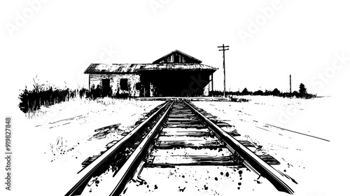 An old railway station with rusting tracks, derelict buildings, and a sense of abandonment, vector illustration art