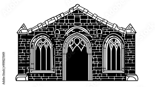 Old structure with detailed stonework, large arched windows, prominent entrance, vector illustration art