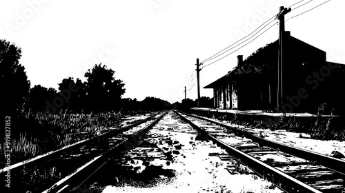 An old railway station with rusting tracks, derelict buildings, and a sense of abandonment, vector illustration art