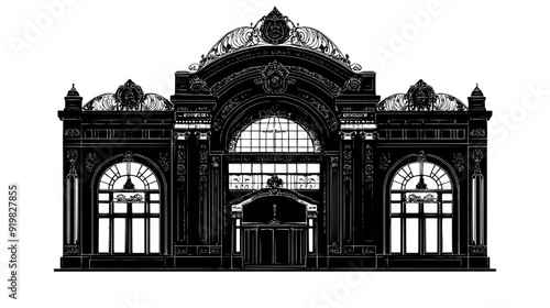 Opera house with ornate facade, tall arched windows, and large central entrance with decorative details, vector illustration art