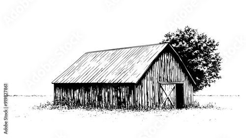 Old wooden barn with weathered siding, positioned next to a vast, open field, vector illustration art