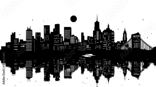 Urban skyline seen at night with lights from buildings, a few bridges, and a river, vector illustration art